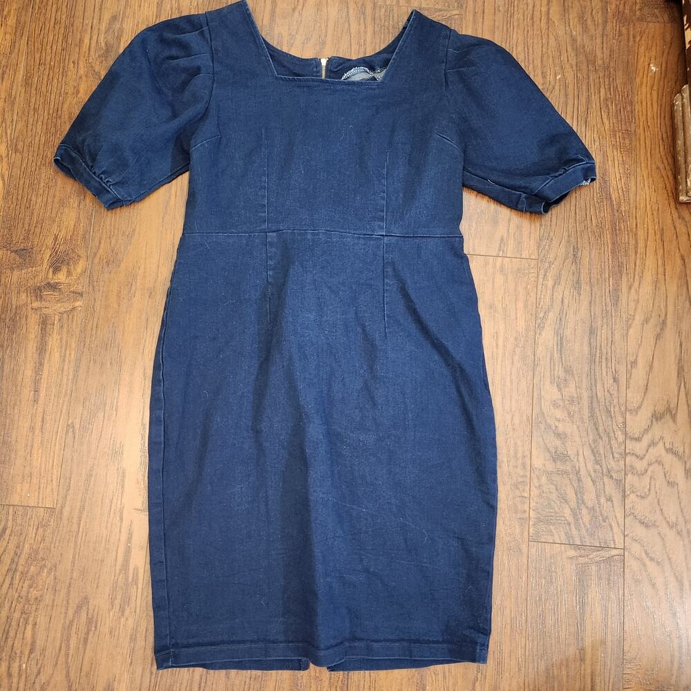 Handmade Stretch Denim Square Neck Bodycon Pencil Dress-Size 16